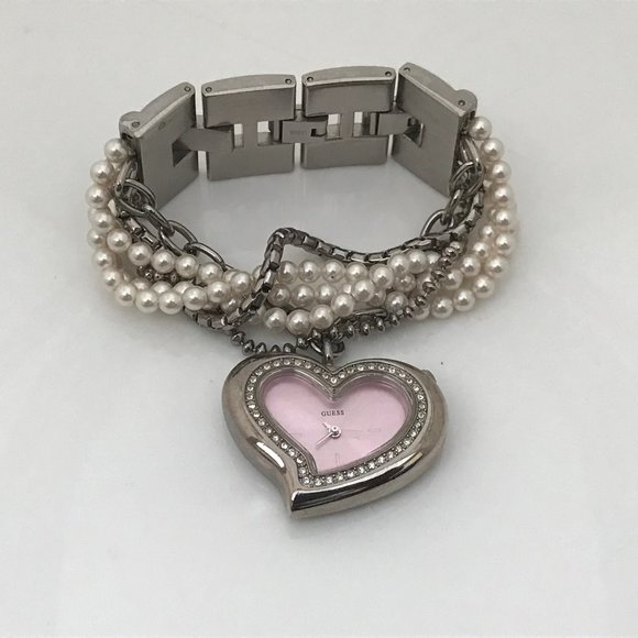 Guess Ladies Watch Heart Shape Pink Face Beads Cha - Picture 11 of 12